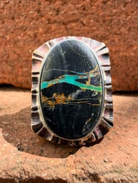 Image 3 of WL&A Old Style Aged Bronze & Sterling Silver Oval Black Jack Signet - Size 10