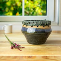 Image 1 of Handmade Blue Green Ceramic Bowl with Woven Reed Rim | Art Pottery