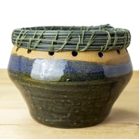 Image 2 of Handmade Blue Green Ceramic Bowl with Woven Reed Rim | Art Pottery