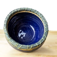 Image 3 of Handmade Blue Green Ceramic Bowl with Woven Reed Rim | Art Pottery