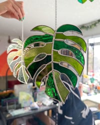Image 2 of Monstera Leaf Stained Glass Suncatcher (Large) – Patchwork Green