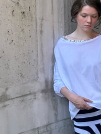 Image 1 of White cotton off shoulder top with pearls buttons 