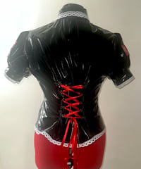 Image 3 of *plus size* PVC "mutilation is salvation" blouse (black x white)