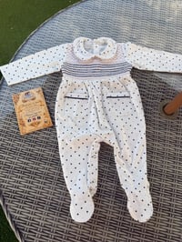 Image 2 of Boys navy/cream dot Babygrow 
