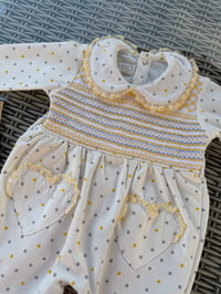 Image 1 of Girls Grey/ Lemon smocked Babygrow 