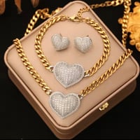 Image 1 of 316L Stainless Steel Heart Rhinestones Necklace Bracelets Earrings Set For Women 