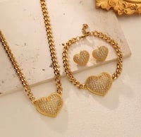Image 3 of 316L Stainless Steel Heart Rhinestones Necklace Bracelets Earrings Set For Women 