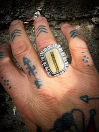 Image 3 of WL&A Handmade Heavy Sterling Royston Ribbon Turquoise (NV) Thunderbird Signet Ring - Size 10