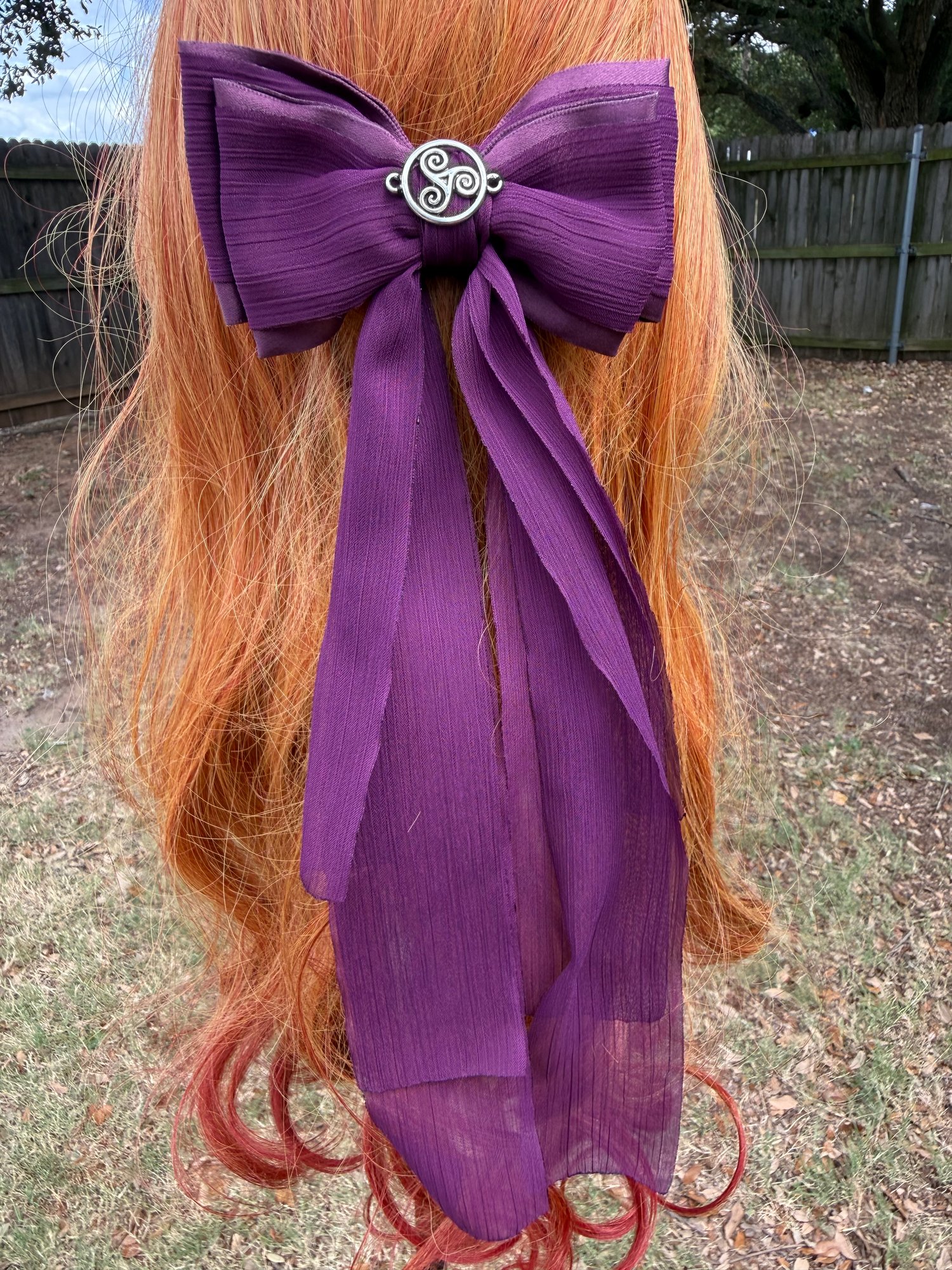 Tyrian Purple Hair Bow with Triskelion