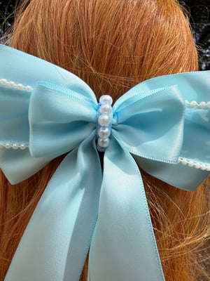 Large Baby Blue Hair Bow with FauxPearl Beads