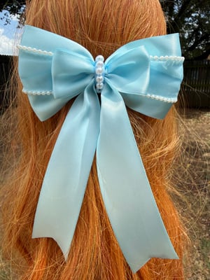 Large Baby Blue Hair Bow with FauxPearl Beads