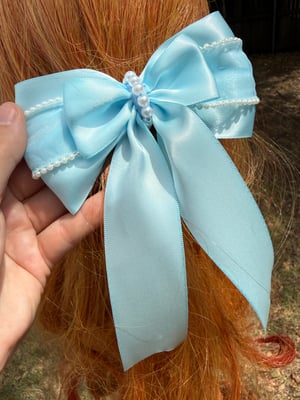 Large Baby Blue Hair Bow with FauxPearl Beads