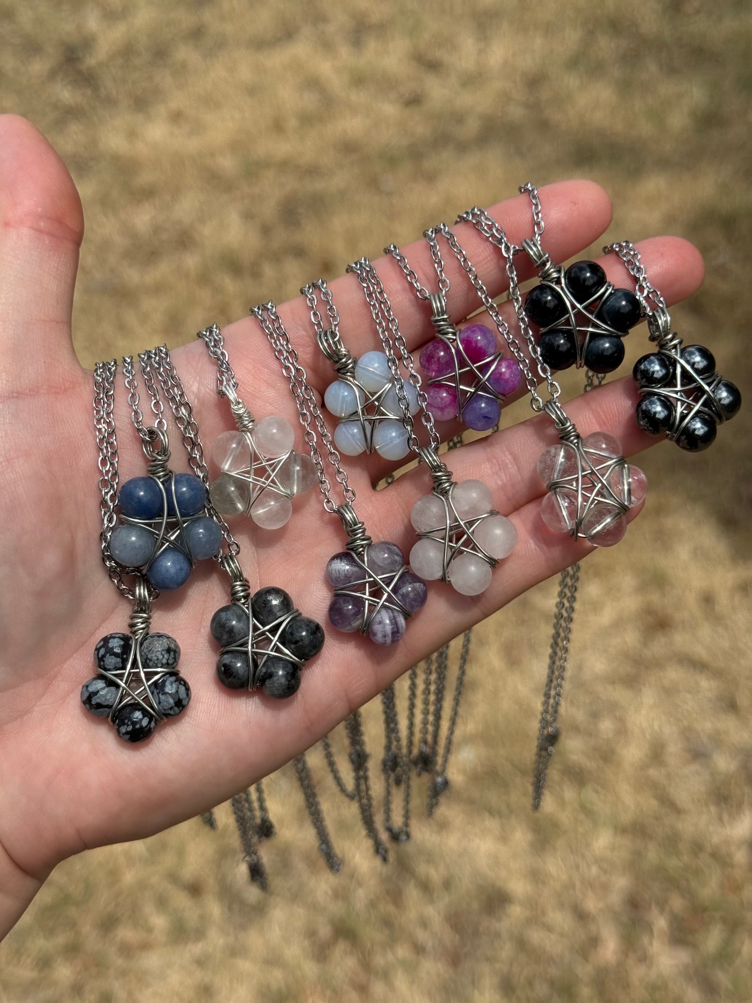 Silver Wire Beaded Pentacle Necklaces