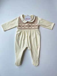 Image 2 of Cream-Brown smocked Babygrow set 
