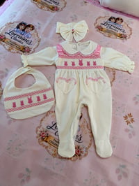 Image 1 of Pink smocked bunny Babygrow bib headband 