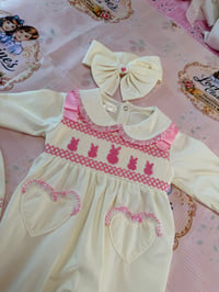 Image 2 of Pink smocked bunny Babygrow bib headband 