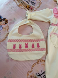Image 3 of Pink smocked bunny Babygrow bib headband 