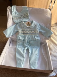 Image 1 of blue/cream smocked Babygrow/bib 