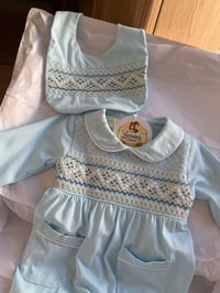 Image 2 of blue/cream smocked Babygrow/bib 