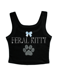 FERAL KITTY RHINESTONE SCOOP NECK TOP