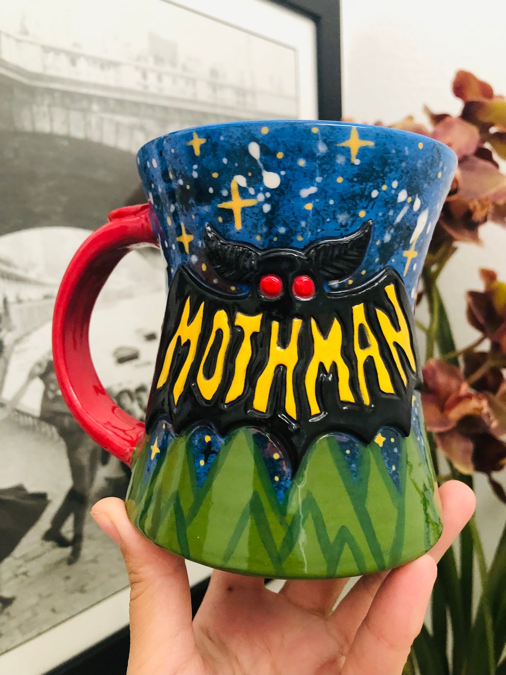 Image of Reserved for Larzipan -Mothman Mug yellow letters!