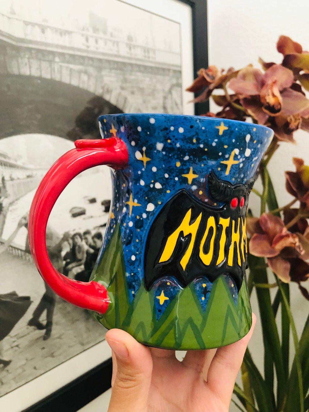 Image of Reserved for Larzipan -Mothman Mug yellow letters!