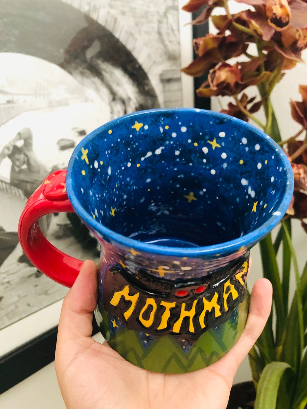 Image of Reserved for Larzipan -Mothman Mug yellow letters!