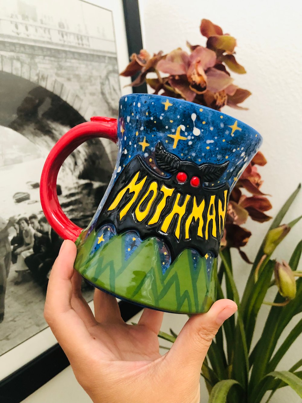 Image of Reserved for Larzipan -Mothman Mug yellow letters!