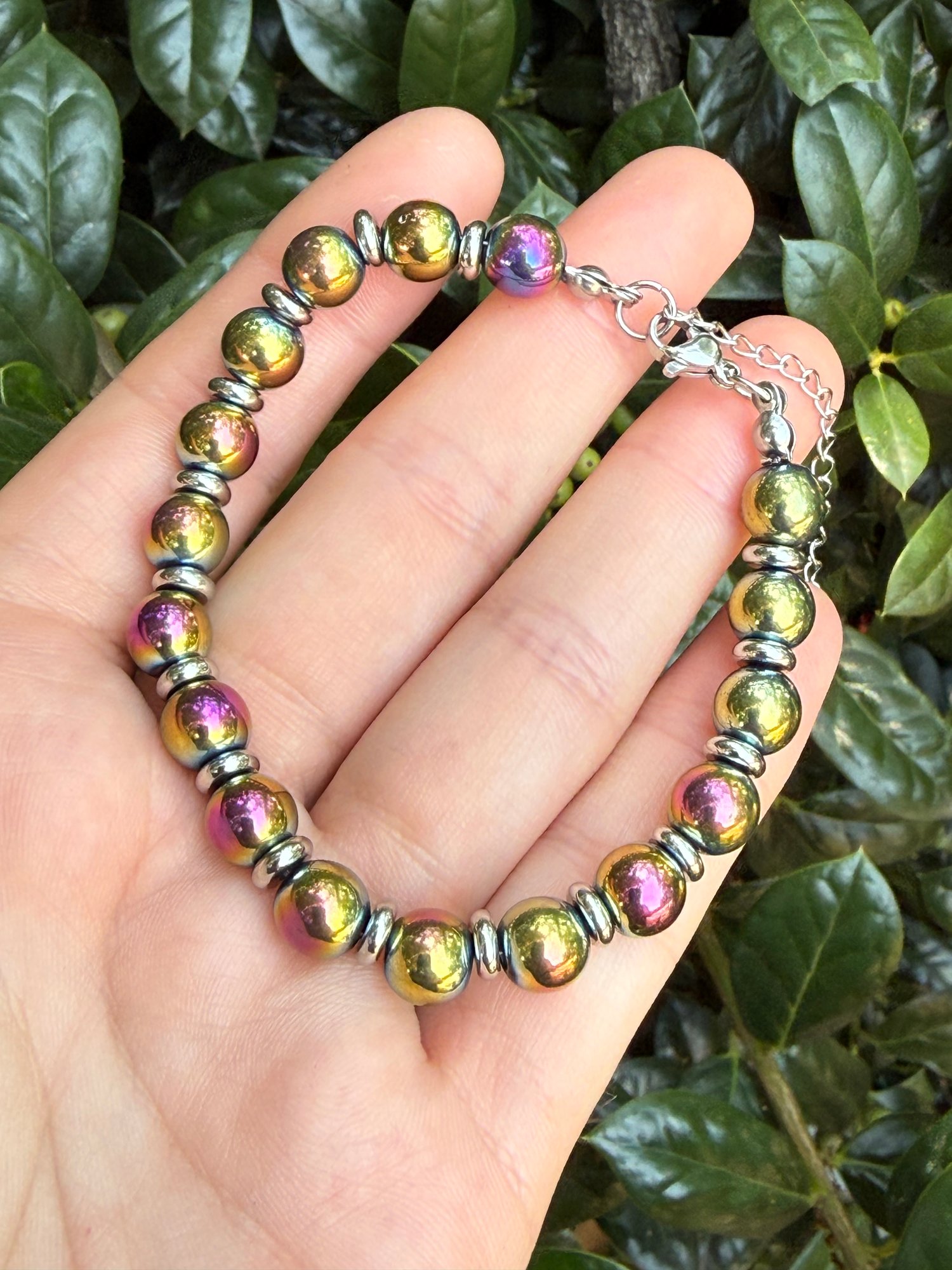 8mm Titanium Coated Hematite Clasp Bracelet (yellow/pink)