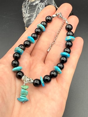 Real Turquoise Clasp Bracelet with Onyx + Earrings