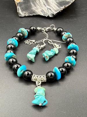 Real Turquoise Clasp Bracelet with Onyx + Earrings