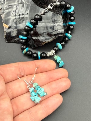 Real Turquoise Clasp Bracelet with Onyx + Earrings
