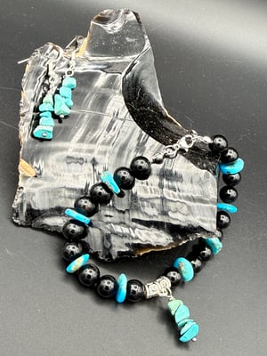 Real Turquoise Clasp Bracelet with Onyx + Earrings