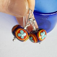 Image 2 of Folk Flower Earrings - Dark Lapis with Red