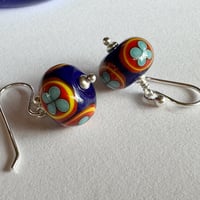 Image 3 of Folk Flower Earrings - Dark Lapis with Red