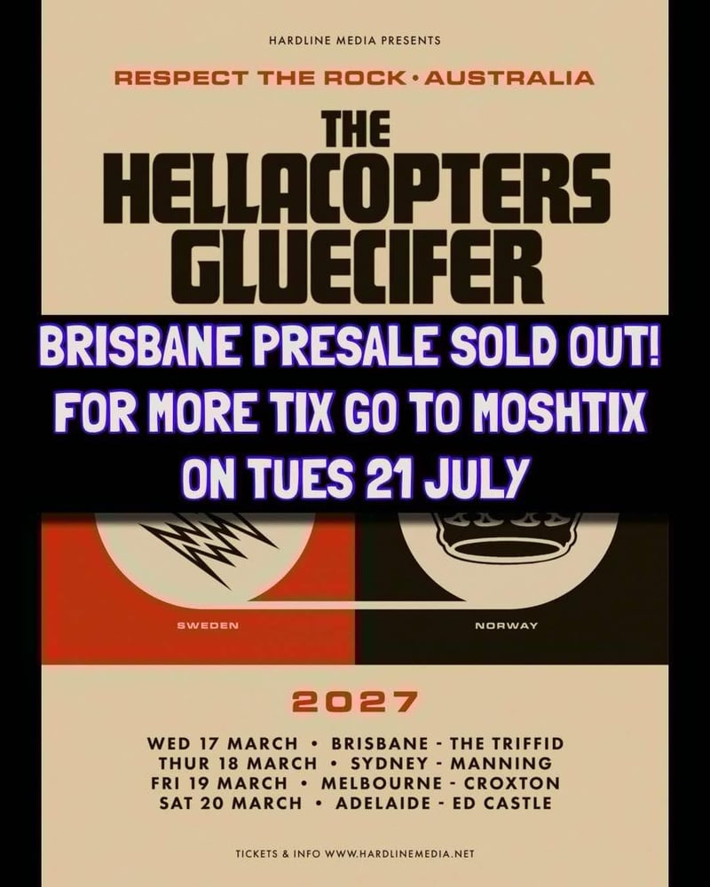 Image of THE HELLACOPTERS + GLUECIFER - Respect The Rock - BRISBANE - THE TRIFFID - WED 17 MAR - GA PRESALE