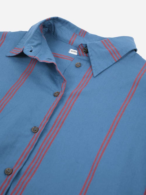 Image of 1-Camisa Azul raya roja Triple Stripes all over poplin shirt