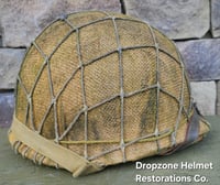 Image 13 of WWII USMC M1 Fixed Bale Helmet & Hawley Liner. Marine Raider Camo burlap cover & Netting. 
