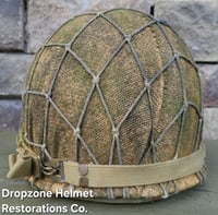 Image 9 of WWII USMC M1 Fixed Bale Helmet & Hawley Liner. Marine Raider Camo burlap cover & Netting. 