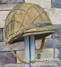 Image 1 of WWII USMC M1 Fixed Bale Helmet & Hawley Liner. Marine Raider Camo burlap cover & Netting. 