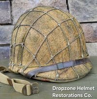 Image 7 of WWII USMC M1 Fixed Bale Helmet & Hawley Liner. Marine Raider Camo burlap cover & Netting. 