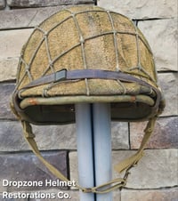 Image 5 of WWII USMC M1 Fixed Bale Helmet & Hawley Liner. Marine Raider Camo burlap cover & Netting. 