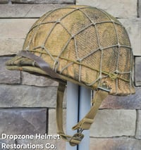 Image 3 of WWII USMC M1 Fixed Bale Helmet & Hawley Liner. Marine Raider Camo burlap cover & Netting. 