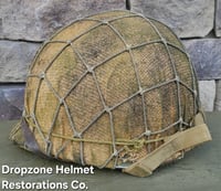 Image 11 of WWII USMC M1 Fixed Bale Helmet & Hawley Liner. Marine Raider Camo burlap cover & Netting. 