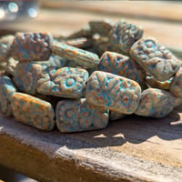 Image 2 of Czech Glass Floral Rectangle Beads | White Travertine Light Blue Picasso (19x11mm)