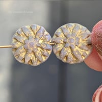 Image 1 of Thistle Dahlia Czech Glass Beads | 14mm Etched Gold Floral Focal Beads