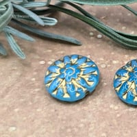 Image 4 of Sky Blue Dahlia Czech Glass Beads | 14mm Gold Wash Floral Focal Beads