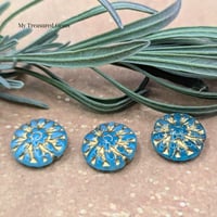 Image 5 of Sky Blue Dahlia Czech Glass Beads | 14mm Gold Wash Floral Focal Beads