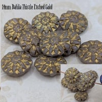 Image 6 of Thistle Dahlia Czech Glass Beads | 14mm Etched Gold Floral Focal Beads