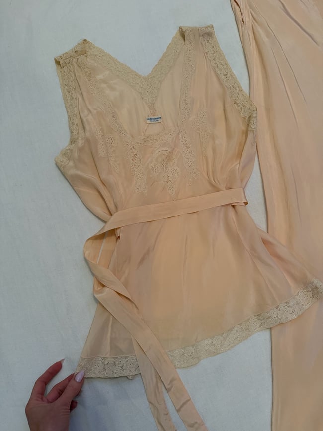 1920s 30s silk and lace pajama set lingerie beach lounge trousers